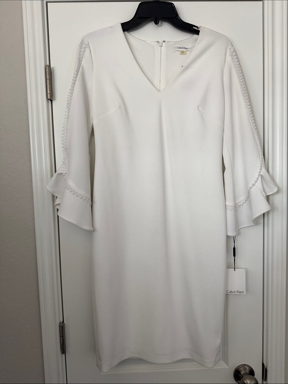 Calvin Klein White V-Neck Midi Dress with Ruffle Sleeve Detail